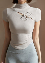 Khaki Hollow Out Button Modal Cotton Yoga Wrap Top