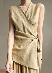 Khaki Lace Up Solid Cotton Sleeveless Shirts V Neck