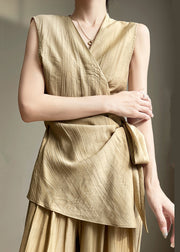 Khaki Lace Up Solid Cotton Sleeveless Shirts V Neck