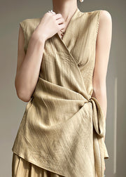 Khaki Lace Up Solid Cotton Sleeveless Shirts V Neck