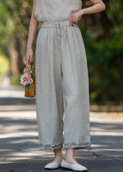 Khaki Lace Up Solid Linen Pants Ruffled Summer