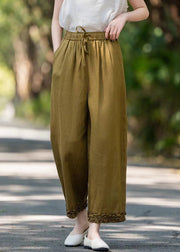 Khaki Lace Up Solid Linen Pants Ruffled Summer