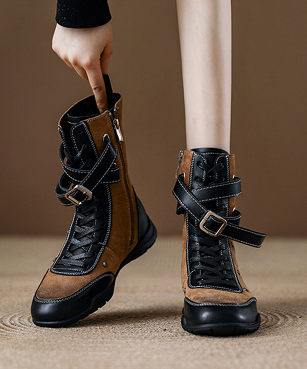 Khaki Lace Up Wedge Suede Elegant Splicing Boots