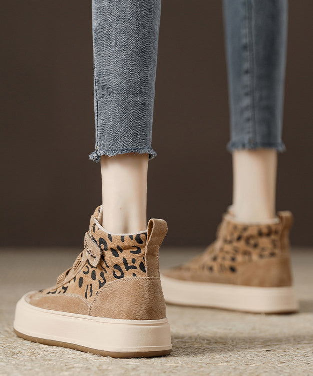 Khaki Leopard Platform Suede Buckle Strap Splicing Boots