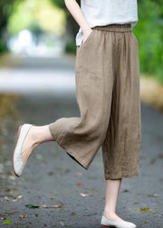 Khaki Linen Crop Pants Oversized Pockets Summer