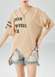 Khaki Patchwork Cotton Tank Asymmetrical Zippered Summer