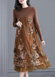Khaki Patchwork Knit Party Dress Embroidered Spring