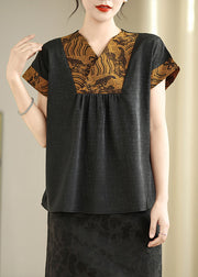 Khaki Patchwork Silk Oriental Shirts V Neck Summer