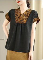 Khaki Patchwork Silk Oriental Shirts V Neck Summer