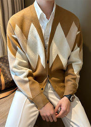 Khaki Plaid Cozy Knit Men Coats V Neck Spring