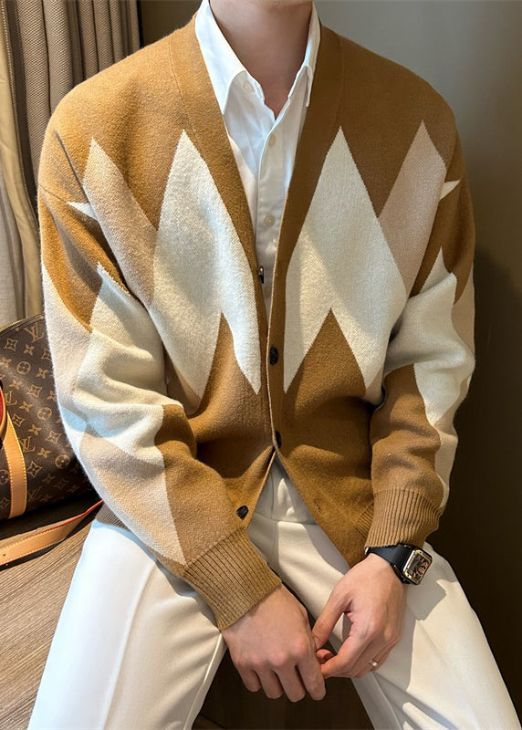 Khaki Plaid Cozy Knit Men Coats V Neck Spring