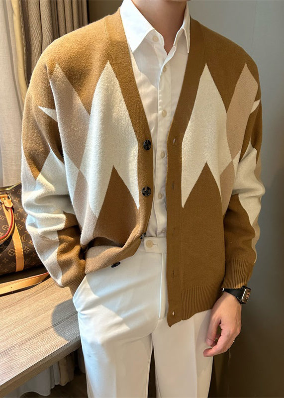 Khaki Plaid Cozy Knit Men Coats V Neck Spring