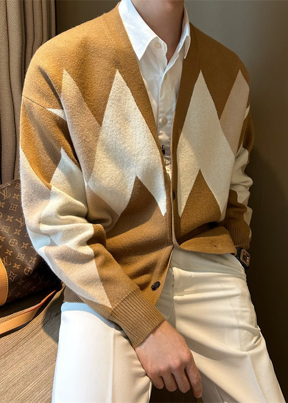 Khaki Plaid Cozy Knit Men Coats V Neck Spring
