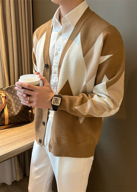 Khaki Plaid Cozy Knit Men Coats V Neck Spring