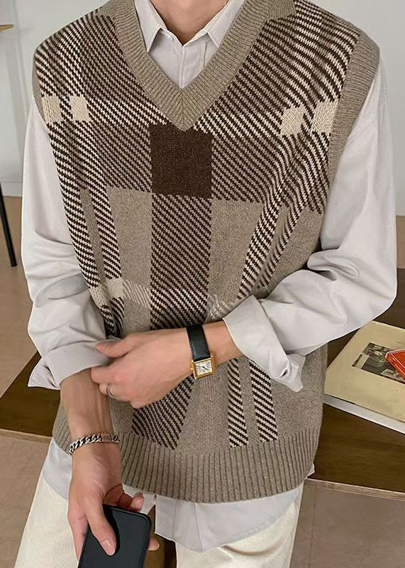Khaki Plaid Cozy Mens Knit Vest V Neck Sleeveless