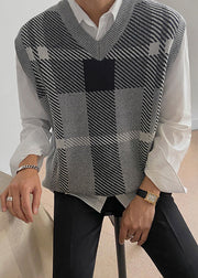 Khaki Plaid Cozy Mens Knit Vest V Neck Sleeveless