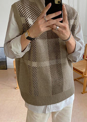 Khaki Plaid Cozy Mens Knit Vest V Neck Sleeveless
