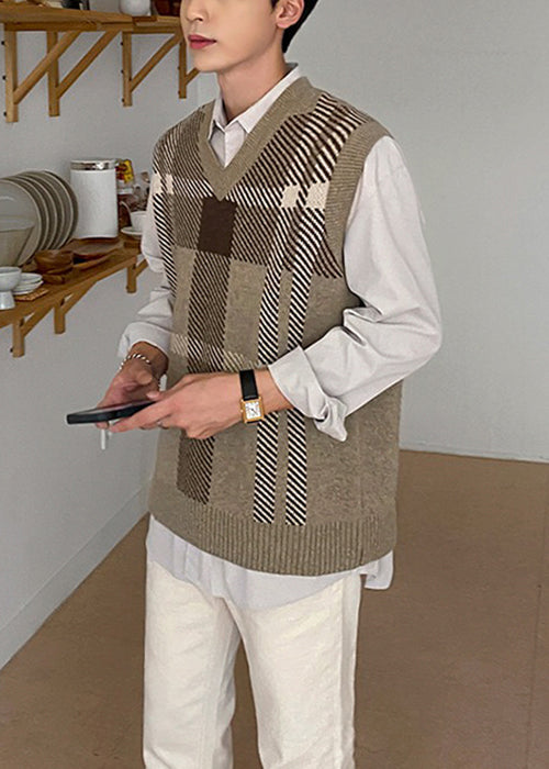 Khaki Plaid Cozy Mens Knit Vest V Neck Sleeveless
