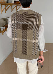Khaki Plaid Cozy Mens Knit Vest V Neck Sleeveless