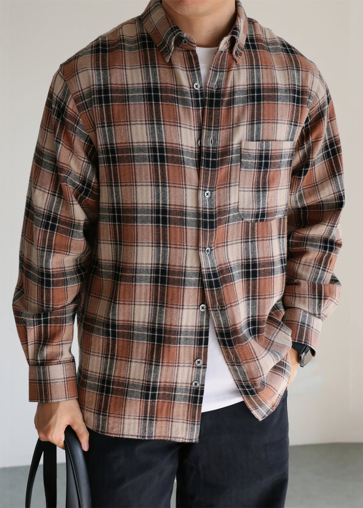 Khaki Plaid Pockets Cotton Fall Shirts Men Peter Pan Collar