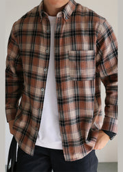 Khaki Plaid Pockets Cotton Fall Shirts Men Peter Pan Collar