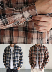 Khaki Plaid Pockets Cotton Fall Shirts Men Peter Pan Collar
