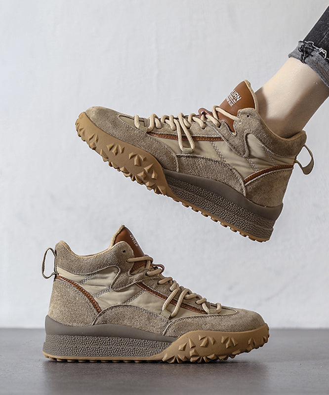 Khaki Platform Suede 2025 Lace Up Splicing Flats Fuzzy Wool Lined