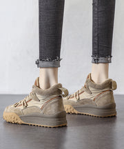 Khaki Platform Suede 2025 Lace Up Splicing Flats Fuzzy Wool Lined