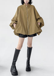 Khaki Pockets Oversized Cotton Coat Zip Up Batwing Sleeve
