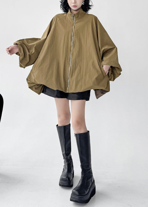 Khaki Pockets Oversized Cotton Coat Zip Up Batwing Sleeve