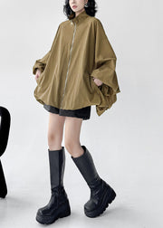 Khaki Pockets Oversized Cotton Coat Zip Up Batwing Sleeve