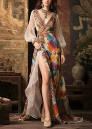Khaki Print Chiffon Long Dress Exra Large Hem Side Open Summer