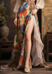 Khaki Print Chiffon Long Dress Exra Large Hem Side Open Summer