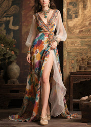 Khaki Print Chiffon Long Dress Exra Large Hem Side Open Summer
