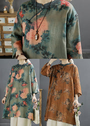 Khaki Print Linen Mid Dress Chinese Style Bracelet Sleeve