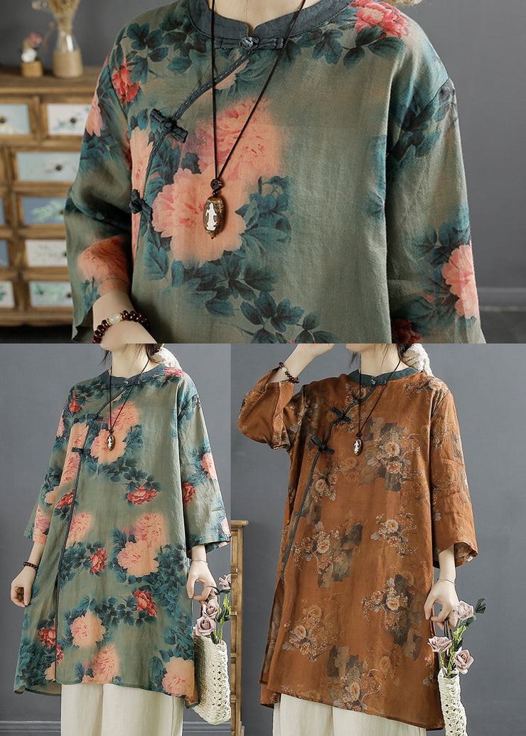 Khaki Print Linen Mid Dress Chinese Style Bracelet Sleeve