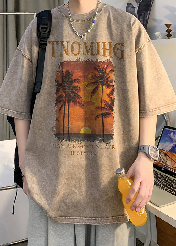 Khaki Print Oversized Cotton Men T Shirt O Neck Half Sleeve