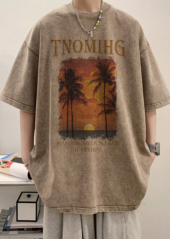 Khaki Print Oversized Cotton Men T Shirt O Neck Half Sleeve