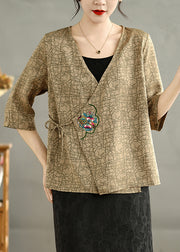 Khaki Silk Blouse Tops Embroidered Tie Waist Summer