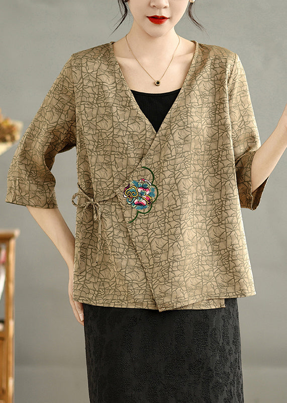 Khaki Silk Blouse Tops Embroidered Tie Waist Summer