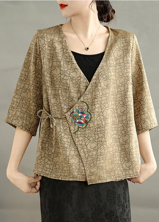 Khaki Silk Blouse Tops Embroidered Tie Waist Summer