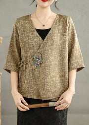 Khaki Silk Blouse Tops Embroidered Tie Waist Summer