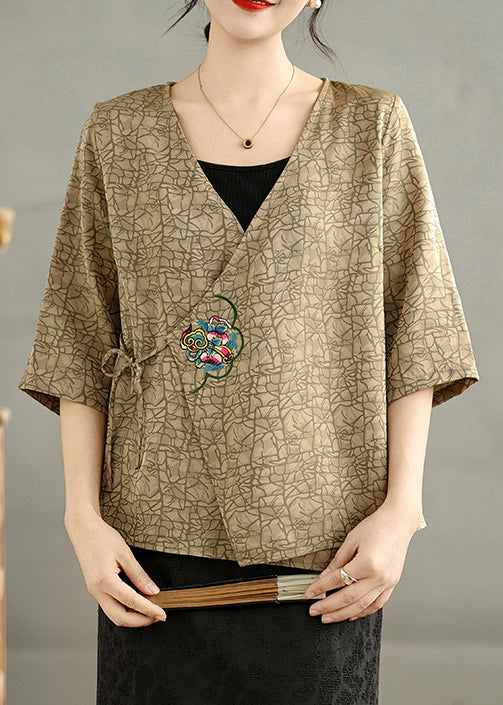 Khaki Silk Blouse Tops Embroidered Tie Waist Summer