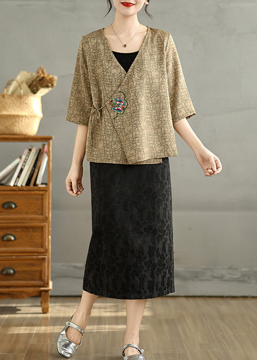 Khaki Silk Blouse Tops Embroidered Tie Waist Summer