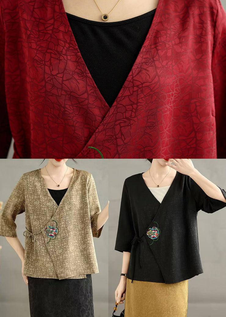 Khaki Silk Blouse Tops Embroidered Tie Waist Summer