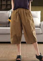 Khaki Solid Loose Cotton Summer Crop Pants Elastic Waist