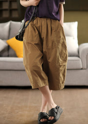 Khaki Solid Loose Cotton Summer Crop Pants Elastic Waist