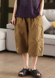 Khaki Solid Loose Cotton Summer Crop Pants Elastic Waist