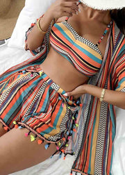 Khaki Striped Chiffon Bikini Three Pieces Set Tasseled Summer