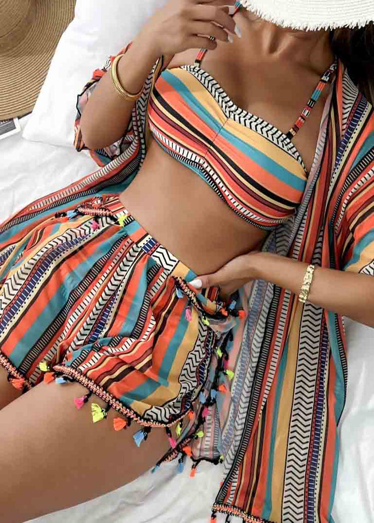 Khaki Striped Chiffon Bikini Three Pieces Set Tasseled Summer